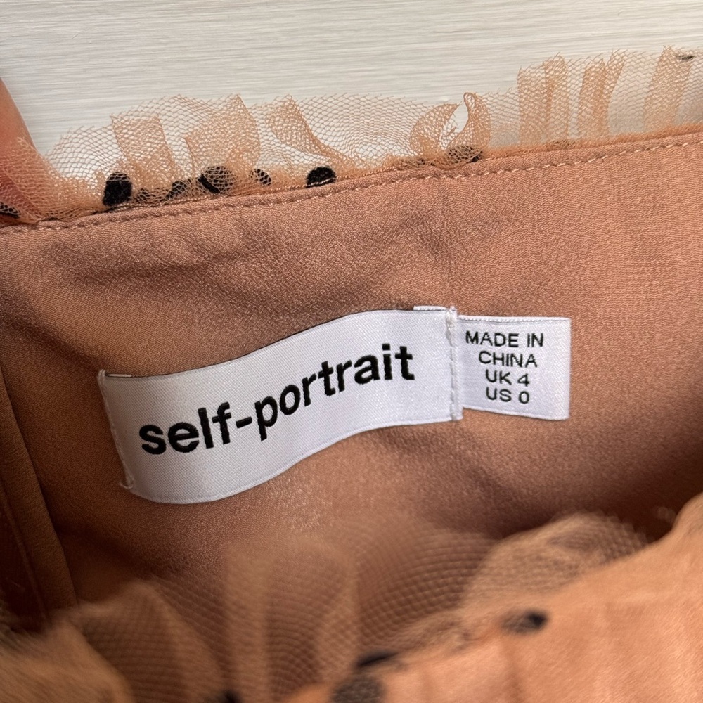 NWOT Self-Portrait Shirred Sheer Polka Dot Top in Tan / Nude & Black - 0 (XS) - Picture 10 of 10